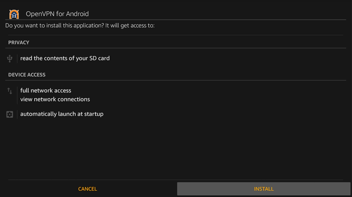 Example of the installation screen for OpenVPN on Amazon Fire TV